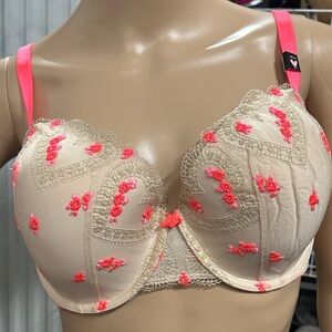 NWT Victoria's Secret dream angles Demi Cream and fluorescent Pink Bra sz 34DDD